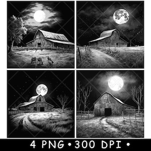 Grange de ferme rustique lune nuit ranch paysage scène sous-verres fichier laser ardoise gravure noir et blanc Images PNG Glowforge LightBurn CO2 CNC