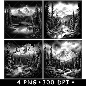 May include: Four black and white digital illustrations of a mountain scene with a river flowing through a forest. The mountains are snow-capped and the trees are tall and slender. The river is winding and the water is calm.