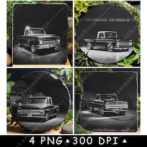 Vintage des années 1960 camion vieux véhicule pick-up classique âge d'or fichier laser sous-verres graver en niveaux de gris ardoise image PNG graver noir blanc gravure CO2 Cnc