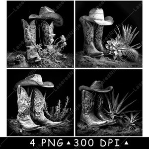 Oude cowboylaarzen hoed woestijn rodeo leer western cowgirl laserbestand onderzetter branden grijstinten PNG-afbeelding graveren zwart witte leisteen etsen CO2 CNC
