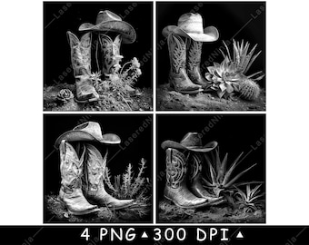 Old Cowboy Boots Hat Desert Rodeo Leather Western Cowgirl Laser File Coaster Burn Grayscale PNG Image Engrave Black White Slate Etch CO2 Cnc