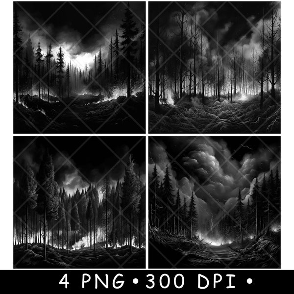 Forest Bushfire Wildfire Firestorm Blaze Disaster Coaster Laser File Slate Etch Engrave Black White PNG Images,Glowforge,LightBurn,CO2,Cnc