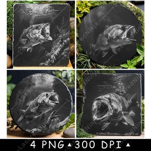 Largemouth Bass Onderwatervis Aquatisch Roofdiersoorten Laserbestand Onderzetter Branden Grijstinten leisteen PNG-afbeelding Graveren Zwart Wit Etsen CO2 Cnc