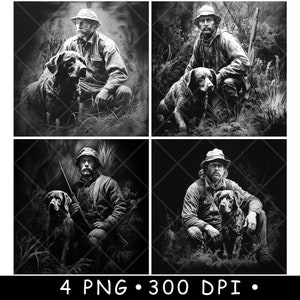 Chasseur trappeur chien de chasse forêt Woodman faune fichier laser dessous de verre graver en niveaux de gris ardoise image PNG graver noir blanc gravure CO2 Cnc