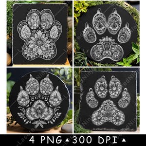 Hund Pfotenabdruck Floral Fußsohle Haustier Blume Mandala Wild Laser Untersetzer Brennen Graustufen Schiefer PNG Bild Gravieren Schwarz Weiß Etch CO2 Cnc