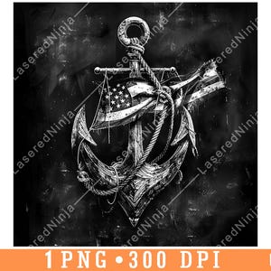 Ancre drapeau américain thème nautique fierté navale patriotique fichier laser sous-bock gravure en niveaux de gris ardoise image PNG gravure noir blanc gravure CO2 Cnc