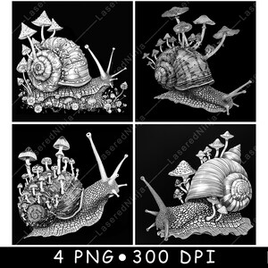 Escargot champignon grappe forêt champignons nature lente faune fichier laser sous-bock graver en niveaux de gris ardoise image PNG graver noir blanc gravure CO2 Cnc