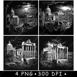 Rovine del Foro Romano Antico Roma Pantheon Colonne Tempio Laser File Coaster Brucia Scala di grigi Ardesia PNG Immagine Incidere Nero Bianco Incisione CO2 Cnc