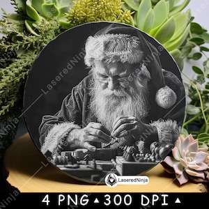 Kerstman Maken Speelgoed Workshop Kinderen Kerstcadeaus Laserbestand Onderzetter Branden leisteen in grijstinten PNG-afbeelding Graveren Zwart Wit Etsen CO2 CNC