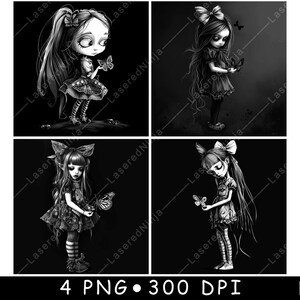 Op de afbeelding: Een set van vier zwart-wit digitale illustraties met jonge figuren met grote ogen en lang haar, die elk met een vlinder interageren. De tekst LaseredNinja en 4 PNG 300 DPI is onderaan in de afbeelding opgenomen.