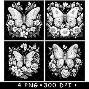 Vlinder Bloemen Gevleugelde insecten Nachtvlinder Bloemen Bloei Krans Laserbestand Onderzetter Branden Grijstinten leisteen PNG-afbeelding graveren zwart wit etsen CO2 CNC