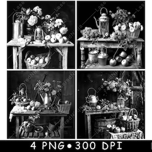 Rustikaler Tisch Früchte Blumenstrauß Laterne Landhaus Laser Untersetzer Brennen Graustufen Schiefer PNG Bild Gravieren Schwarz Weiß Etch CO2 Cnc