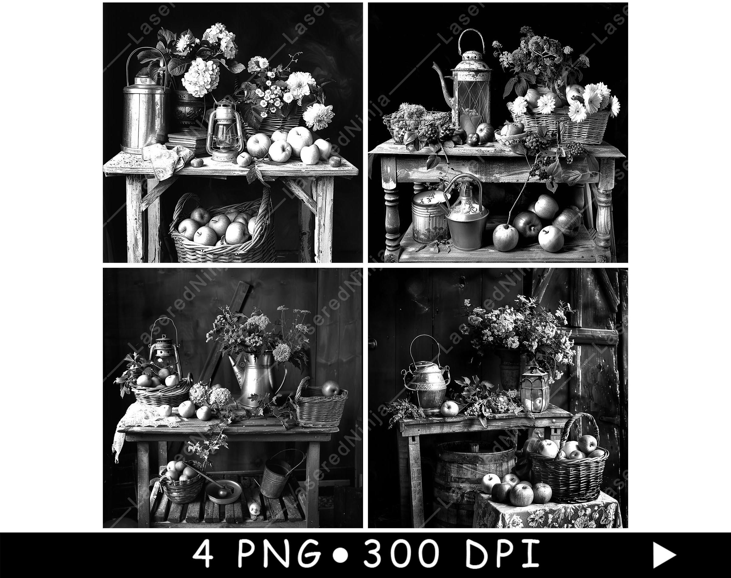 Rustic Table Fruits Flower Bouquet Lantern Country House Laser File Coaster Burn Grayscale Slate PNG Image Engrave Black White Etch CO2 Cnc