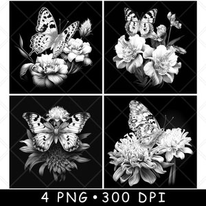 Vlinder Bloementuin Bloei Bestuiven Bloemen Laser PNG Leisteen Coaster Etsen Houtverbranding Zwart Wit Cnc, Glowforge, LightBurn, CO2-diode, xtool