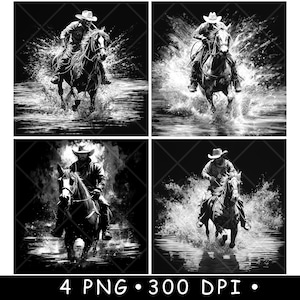 Cheval de cow-boy, rivière, promenade à cheval, eau, galop, sauvage, ouest, fichier laser, sous-verre, brûler, niveaux gris, ardoise, image, PNG, graver, noir blanc, eau-forte, CO2, cnc