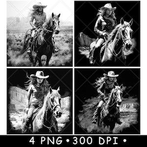 Cowgirl du désert cavalier solitaire rancher de l'ouest sauvage fichier laser sous-verre graver en niveaux de gris ardoise image PNG graver noir blanc gravure CO2 Cnc