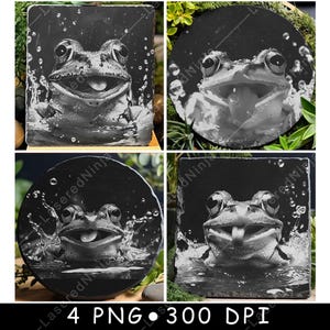 May include: Four black and white images of a frog with its mouth open, appearing to be in water. The frog is in the center of each image, with water droplets surrounding it. The images are on a black background.