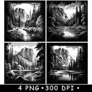 Yosemite Park El Captain Half Dome Sierra Nevada Mountain fichier laser sous-verre graver en niveaux de gris ardoise image PNG graver noir blanc gravure CO2 Cnc