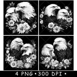 Pareja de cabezas de águila calva, corona de flores, arte de la libertad, archivo láser, posavasos, pizarra en escala de grises, imagen PNG, grabado, blanco y negro, grabado, CO2, CNC