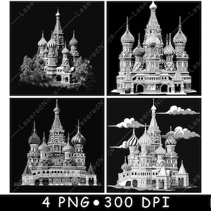 Basiliuskathedraal Religieus Orthodoxe Kerk Monument Laserbestand Onderzetter Branden Grijstinten leisteen PNG-afbeelding Graveren Zwart Wit Etsen CO2 Cnc
