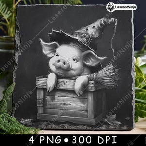 Niedliche Hexe Schwein Holzkiste Besen Halloween Süßes oder Saures Laser Untersetzer Brennen Graustufen Schiefer PNG Bild Gravieren Schwarz Weiß Etch CO2 Cnc