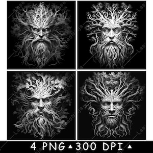 Boomgezicht Groene man Wortels Boomhoofd Hout Geest Mythe Laserbestand Onderzetter Branden Grijstinten leisteen PNG-afbeelding graveren zwart wit etsen CO2 CNC