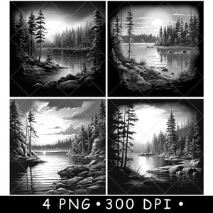 Voyageurs Park Meer Regenachtig water Bosscène Laser PNG Leisteen Coaster Etsen Houtverbranding Zwart Wit CNC, Glowforge, LightBurn, CO2-diode, xtool
