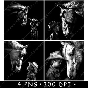 Cowboy Kid Horse Show Rodeo Hat Wild West Mustang au lasso fichier laser sous-bock graver en niveaux de gris ardoise Image PNG graver noir blanc gravure CO2 Cnc