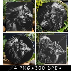 Native Indian Kopfschmuck Wolf Hund Tribal Häuptling Krieger Laser Datei Untersetzer Brennen Graustufen Schiefer PNG Bild gravieren schwarz weiß Etch CO2 Cnc