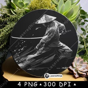 Samurai Katana Japan Tradition Ronin Ninja Assassin Art Laser File Coaster Burn Grayscale Slate PNG Image Engrave Black White Etch CO2 Cnc