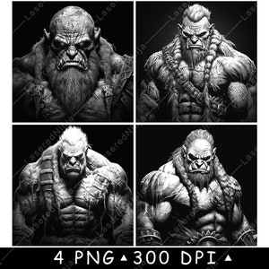 Monstruos de duendes, orcos, bárbaros, fantasía, diablos, demonios oscuros, láser, posavasos, escala de grises, pizarra, imagen PNG, grabado, blanco y negro, grabado, CO2, CNC