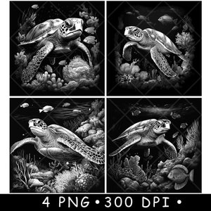 Groene zeeschildpad karetschildpad zee koraalrif scène kunst onderzetter laserbestand leisteen etsen graveren zwart wit png-afbeeldingen, glowforge, lightburn, CO2, cnc