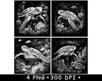 Green Sea Turtle Hawksbill Sea Coral Reef Scene Art Coaster Laser File Slate Etch Engrave Black White PNG Images,Glowforge,LightBurn,CO2,Cnc