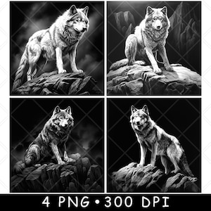 Alfa wolf wild grijs dier apex roofdier bos berg laserbestand onderzetter branden grijswaarden leisteen PNG-afbeelding graveren zwart wit etsen CO2 cnc