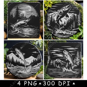 May include: Four black slate coasters with a white design of a fish jumping out of the water. The fish are in a stylized design with a mountain range in the background. The coasters are perfect for adding a touch of nature to your home decor.