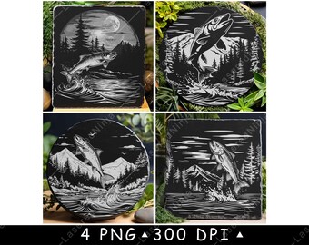 Jumping Trout Mountain Fishing River Scene Black White PNG Bundle Laser Engraving Design Print