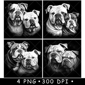 Bulldog Testa Coppia Cane Bullo Famiglia Papà Mamma Animale Domestico Faccia Laser File Sottobicchiere Brucia Scala di grigi Ardesia PNG Immagine Incidere Nero Bianco Incisione CO2 Cnc