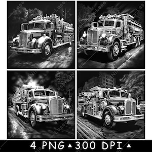 May include: Four black and white illustrations of vintage fire trucks. Each truck is depicted in a different setting, with details like the truck's ladders, hoses, and lights visible.