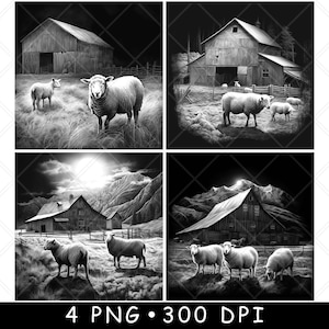 Schaf Rustikal Bauernhof Scheune Ziege Lamm Wolle Ranch Szene Weide Laser File Coaster Brennen Graustufen Schiefer PNG Bild Gravieren Schwarz Weiß Etch CO2 Cnc