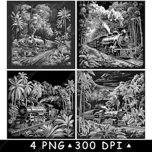 Vintage Train Old Steam Locomotive Engine Jungle Railway Laser File Coaster Burn Grayscale Slate PNG Image Engrave Black White Etch CO2 Cnc