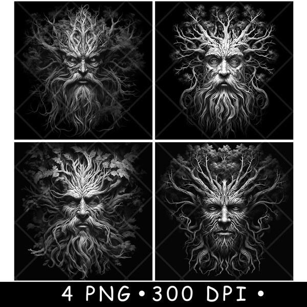 Tree Face Man Roots Arboreal Head Wooden Spirit  Coaster Laser File Slate Etch Engrave Black White PNG Images,Glowforge,LightBurn,CO2,Cnc