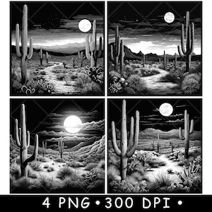 Saguaro National Park Woestijn Cactus Maan Arizona Scène Laserbestand Onderzetter Branden Grijstinten leisteen PNG-afbeelding Graveren Zwart Wit Etsen CO2 CNC