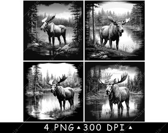 Moose Lake Water Wapiti Mountain Bull Nature Wildlife Laser File Coaster Burn Grayscale Slate PNG Image Engrave Black White Etch CO2 Cnc Art