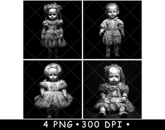 不気味なヴィンテージ人形のクリップアートバンドル。レーザー彫刻用の