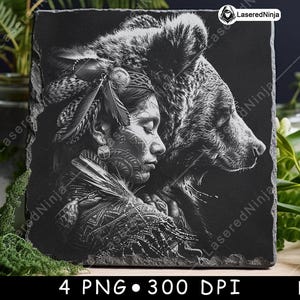 Mujer india nativa guerrera salvaje oso piel pluma bosque archivo láser posavasos quemar escala de grises pizarra imagen PNG grabado negro blanco aguafuerte CO2 CNC