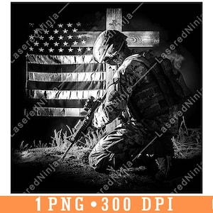 Soldat agenouillé croix drapeau américain honneur bataille hommage fichier laser sous-verre graver en niveaux de gris ardoise image PNG graver noir blanc gravure CO2, un