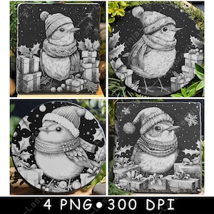 Chapéu de inverno festivo Robin Bird Natal Cachecol Caixa de presente Arquivo a laser Porta-copos Queimadura em tons de cinza Ardósia Imagem PNG Gravar Preto e Branco Gravar CO2 CNC