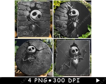 May include: Four black and white images of a cartoon character, Jack Skellington from the Nightmare Before Christmas, peeking out of a cracked wall. The images are in a square format and have a distressed, stone-like texture.