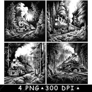 Stoommachine Trein Jungle Spoorweg Dennenbos Scène Onderzetter Laserbestand Leisteen Etsen Graveren Zwart Wit PNG-afbeeldingen, Glowforge, LightBurn, CO2,Cnc