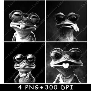 May include: Four black and white images of frogs wearing sunglasses. Each frog has a different expression.